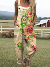 Women's Vintage Floral Pattern Art Print Casual Cotton Linen Wide Leg Jumpsuit